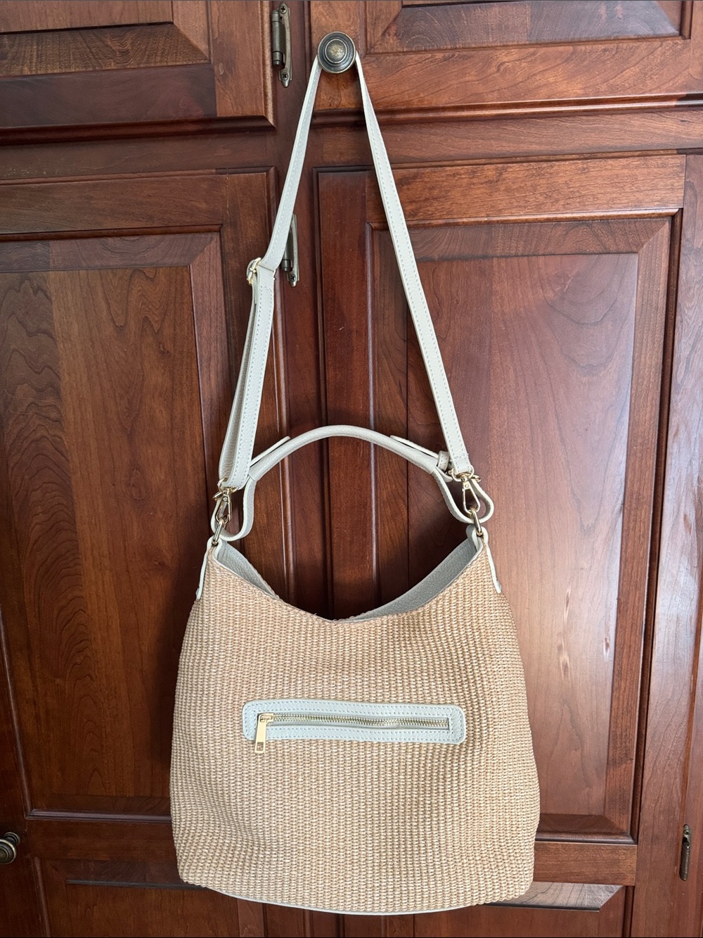 Italian Leather and Straw Hobo Bag with Cream Trim - Picture 4 of 8